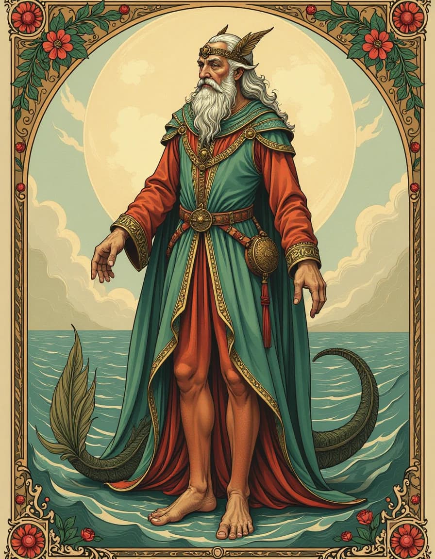 A full-length portrait. A sea creature that looks like a man in cheap medieval clothes.