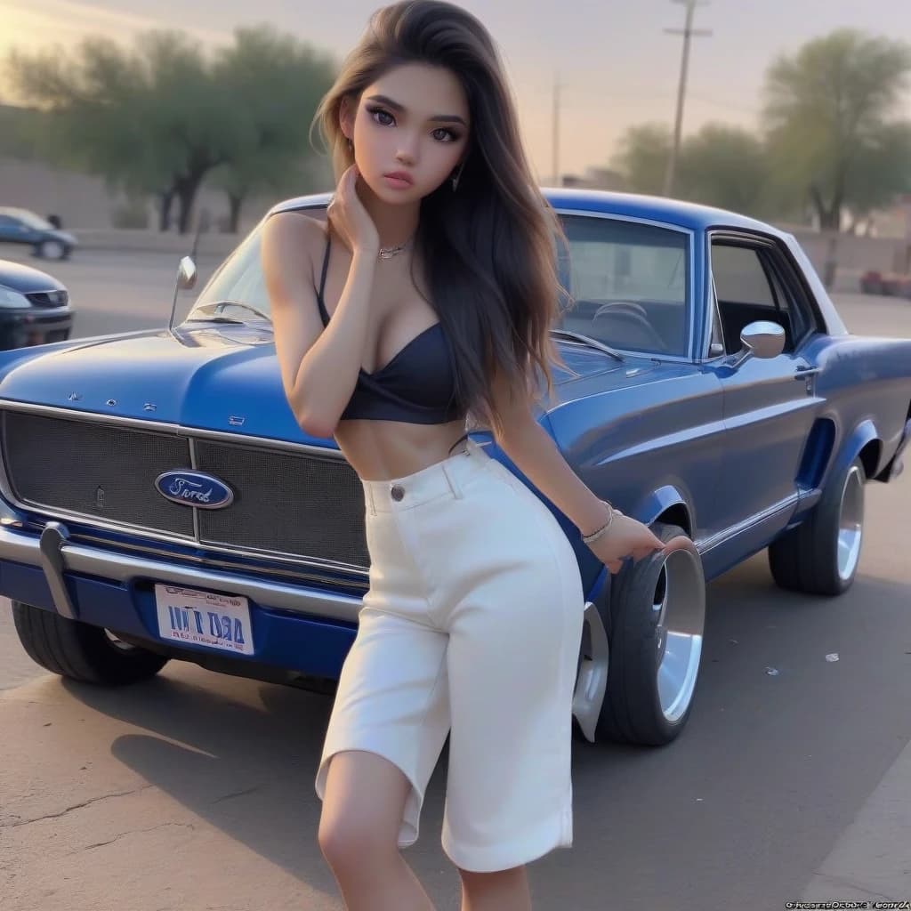 standing next to the car, on ford mustang 1968 car dark blue color, brunette random different hair girl, tight-fitting clothes, derailed skin, bad photo composition, accidental photo, Reddit,