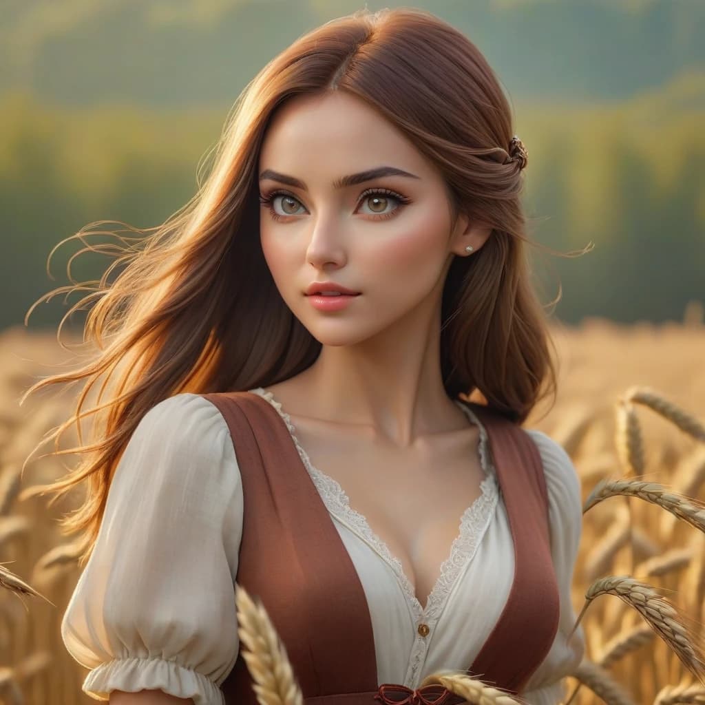 (masterpiece:1.4),, (best quality:1.4),, ultra-high res,, 8K, CG,, (extremely delicate and beautiful:1.2),, , upper body,, from side,, looking at viewer,, , 1girl,, solo,, fashi-girl,, mature girl,, , cute, sweet,, , in the wheat field,, blurry background,, , long brown hair,,