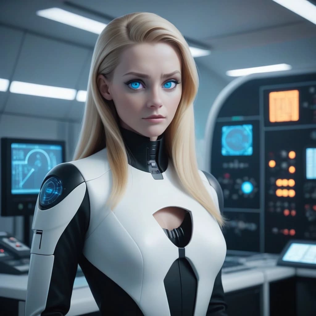 A beautiful woman-scientist with blonde hair and blue eyes is wearing a black classical suite. The woman looks kind and friendly. She is in a modern white futuristic laboratory. She is surrounded by modern equipment for research. The projectors are showing diagrams with some data in the air.