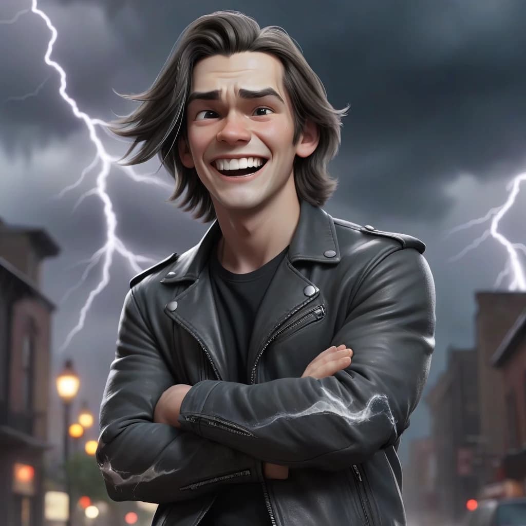 A young man with shoulder-length hair and a gray streak, laughing angrily, stands with his arms crossed over his chest. He wears a black leather jacket and dark clothing. The scene is set in the midst of swirling chaos, with thunderstorms and flashes of lightning.