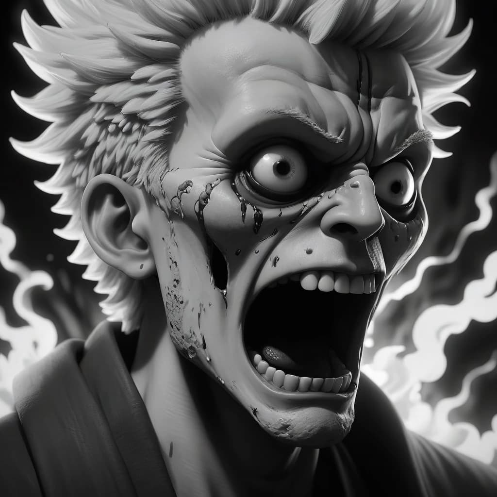 a black and white drawing of a man's face, jujutsu kaisen, closeup of face melting in agony, beautiful and terrifying, fireball lighting her face, kimetsu no yaiba, insanely compelling, the shrike, monstrous skull, epic framing, it kills you instantly, aliased