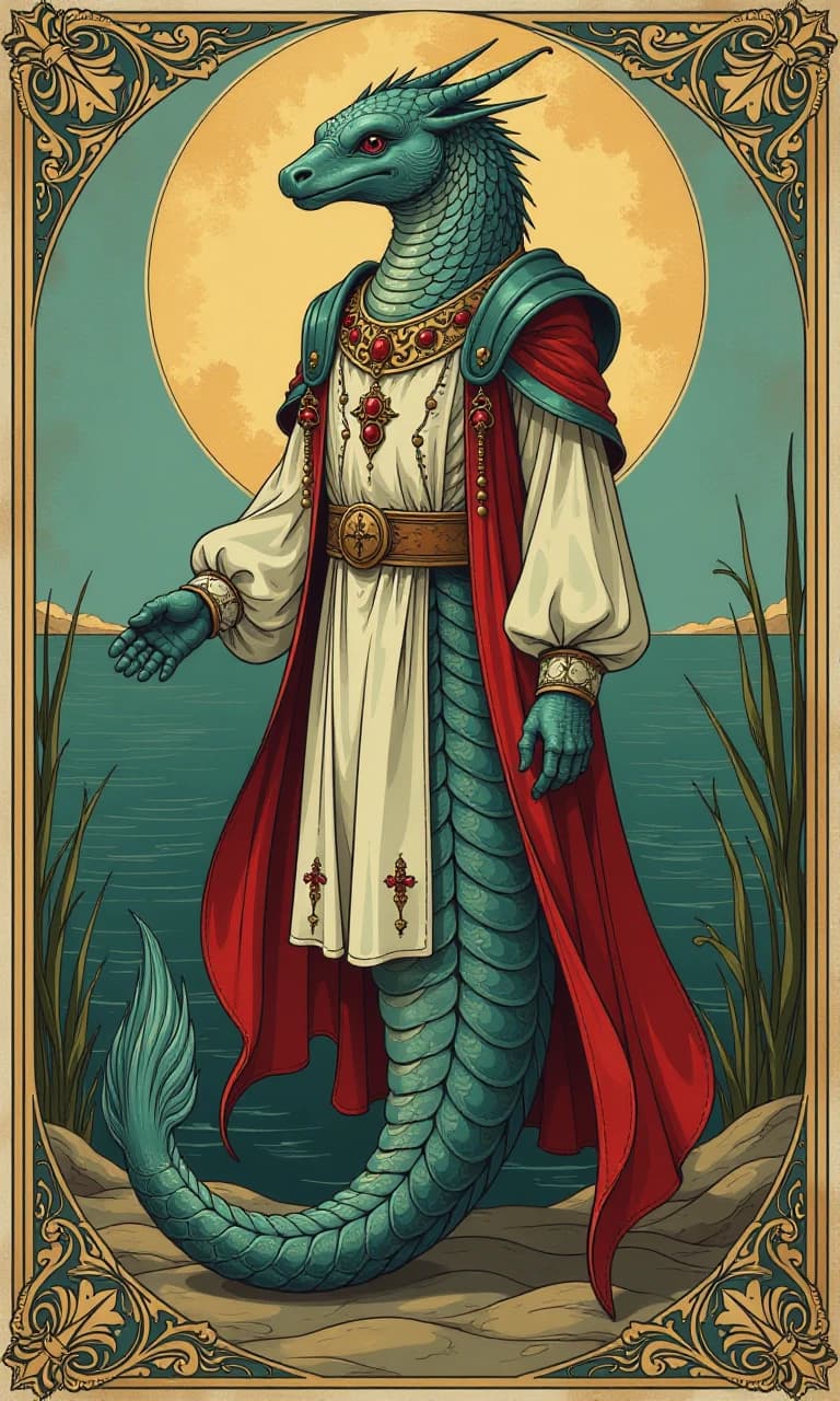 A full-length portrait. A sea creature that looks like a man in cheap medieval clothes.