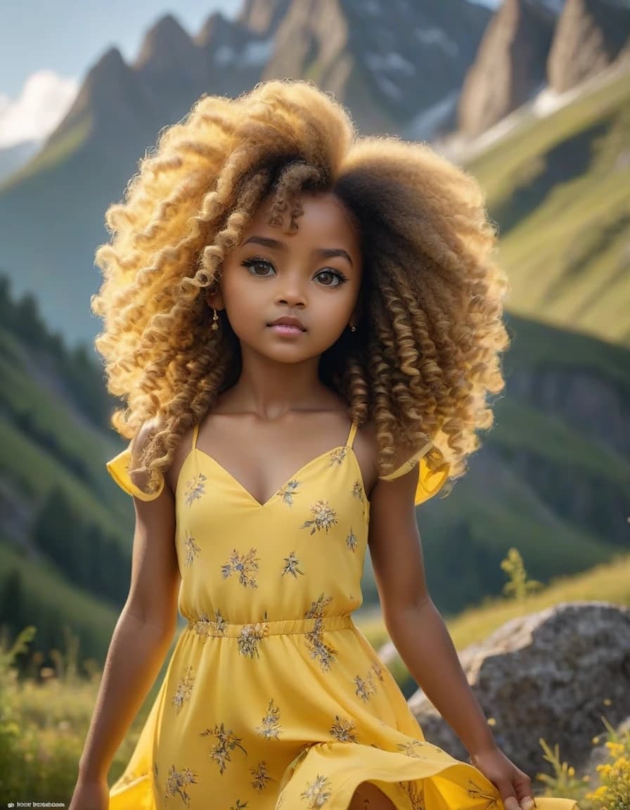 Super realistic photo, mountain background, little girl in yellow colored sundress, long afro curls