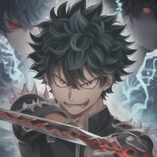 a close up of a person with an evil look on their face, poster art inspired by Okumura Togyu, featured on deviantart, auto-destructive art, muscular male hero, izuku midoriya, dark backgroud