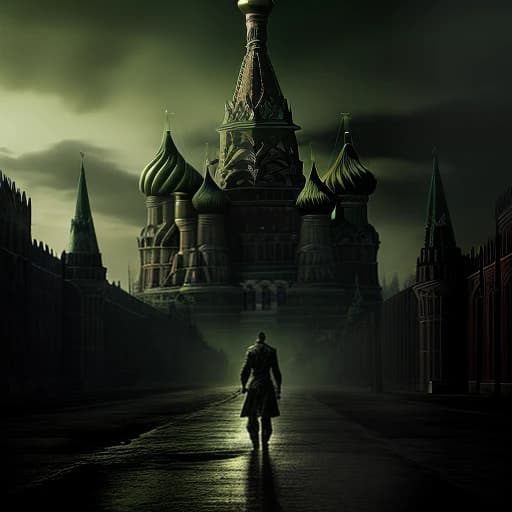 горящая Москва, пейзаж Кремля с пламенем зеленого цвета вокруг