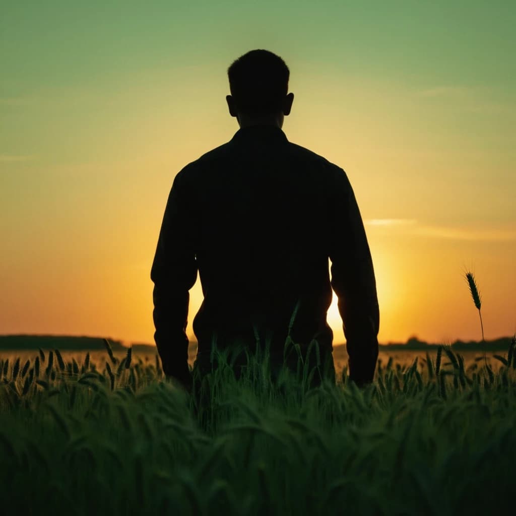 black silhouette stands in a wheat field with his back, dark ambient, green neon, sunset,