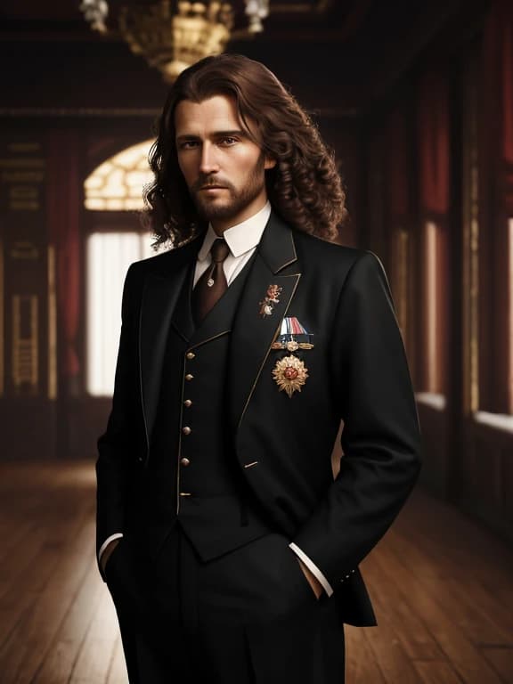 (Portrait of the one man, thirty years old)+++, (dynamic)+++, (standing)+++,  (looking down to the floor)+++, (long loosy brown curly hairs)+++, (brown bristle)+++, (brown rageous eyes)+++, (detailed unpleasured face)+++, (disobedient sight)+++, (worn-out black suit in 1900's russian style)+++, (working cabinet in the emperor's palace in 1900's russian style)+, 4k quality, ultra details.
