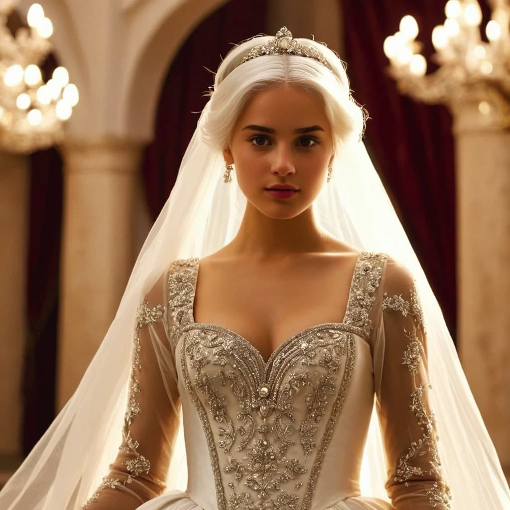 girl white hair brown eyes long ball gown