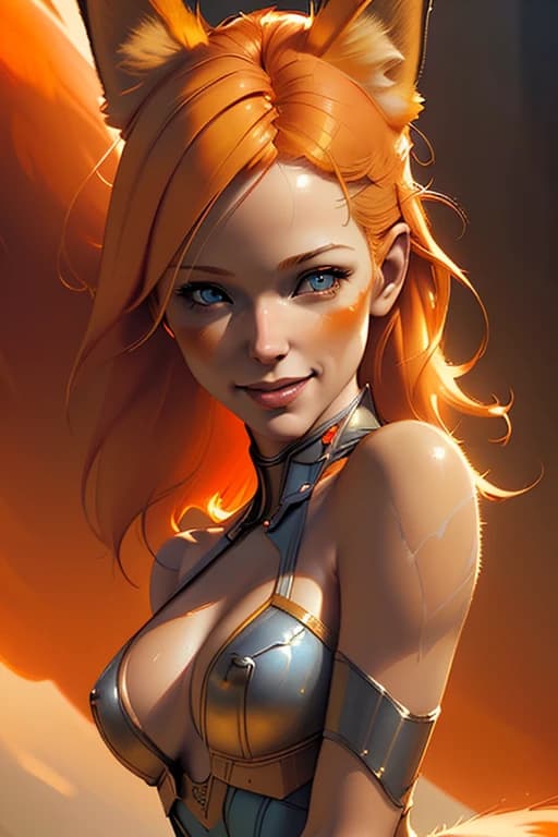 Epic cinematic bust of beautiful blonde woman with orange hair with orange fox ears, smiling, beautiful body, by cedric peyravernay, by jeremy mann, by lecouffe deharme, by alberto vargas, by james gurney, extreme detail, trending on artstation