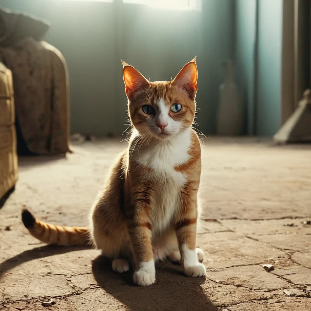 The one-eyed Cyclops Cat is sitting on the ground 
Dark Fantasy 
A gloomy picture