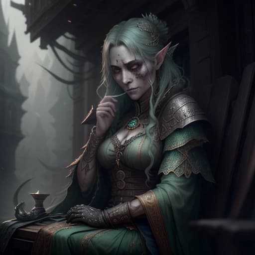 The undead are sitting on a bench with their heads held high, in gray-green clothes 
A one-eyed man is sitting on a bench nearby
Post-apocalypse
Full-face view