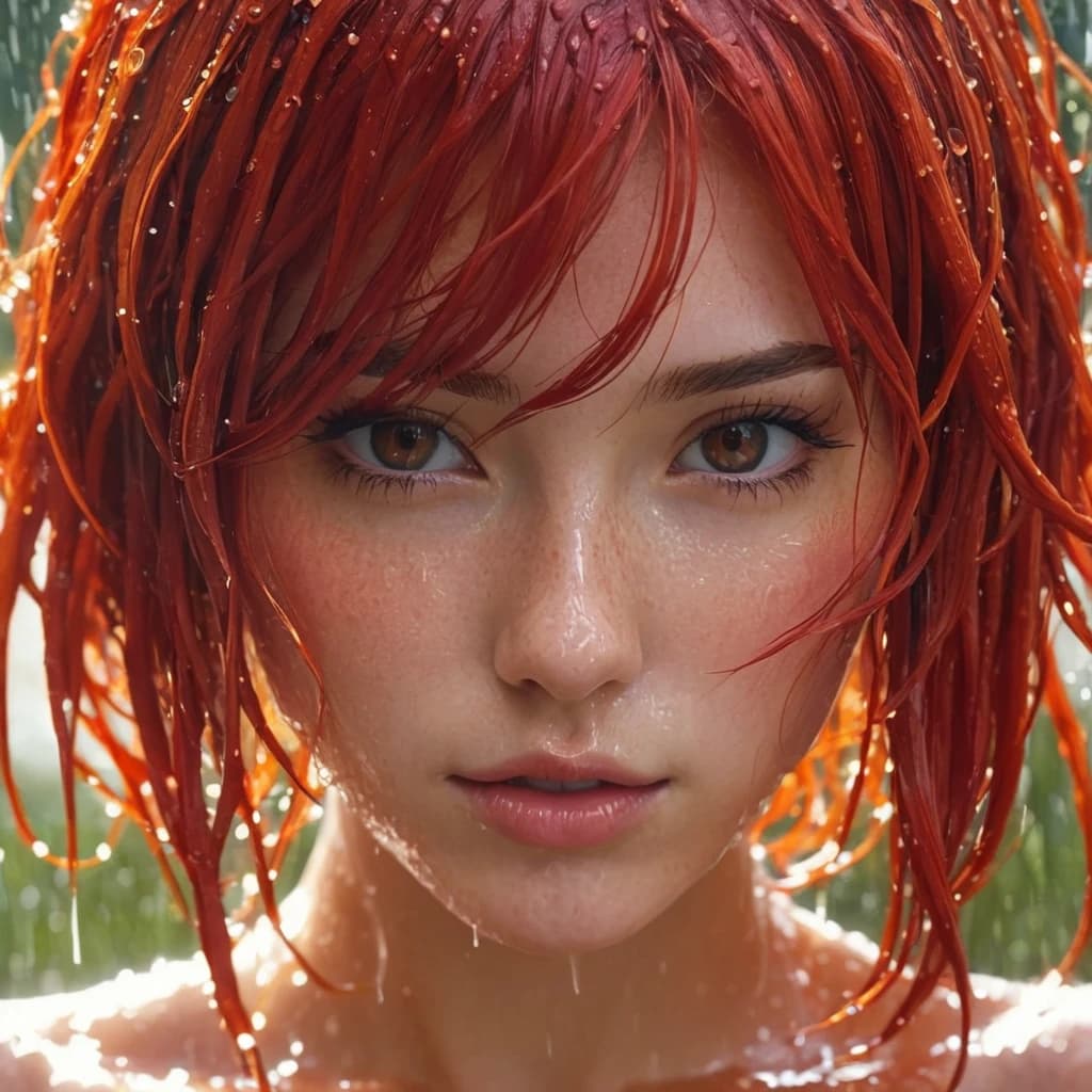 Anime girl with red hair and wet body