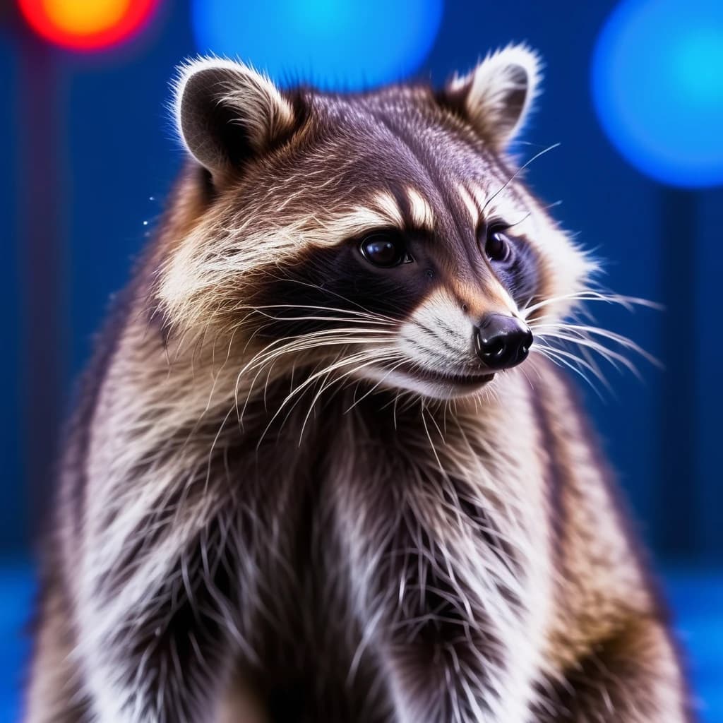 Raccoon looks away, blue rays on neon background, in the rain