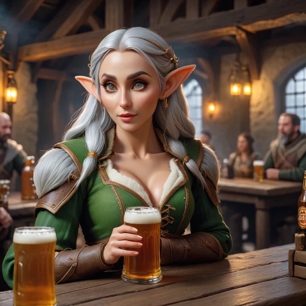 drunk female elf drinking beer in a medieval tavern