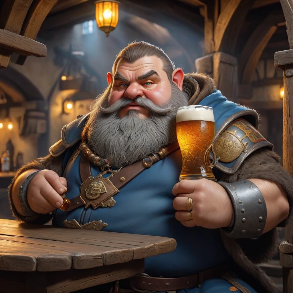 Fat dwarf drinks beer in a medieval tavern