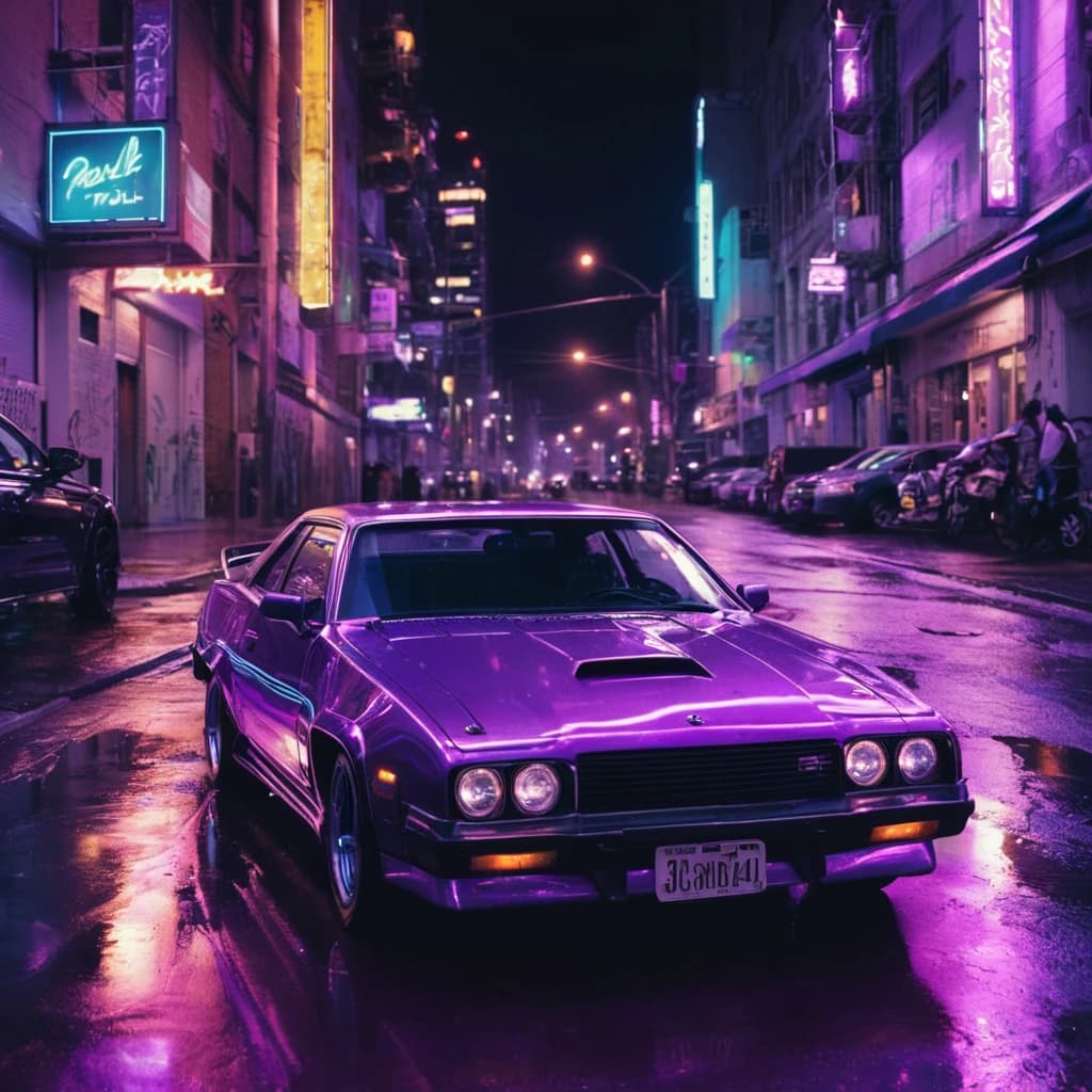 a car driving down a city street at night, cyberpunk art, tumblr, graffiti, made of liquid purple metal, photorealistic music album cover, vibe, paul walker