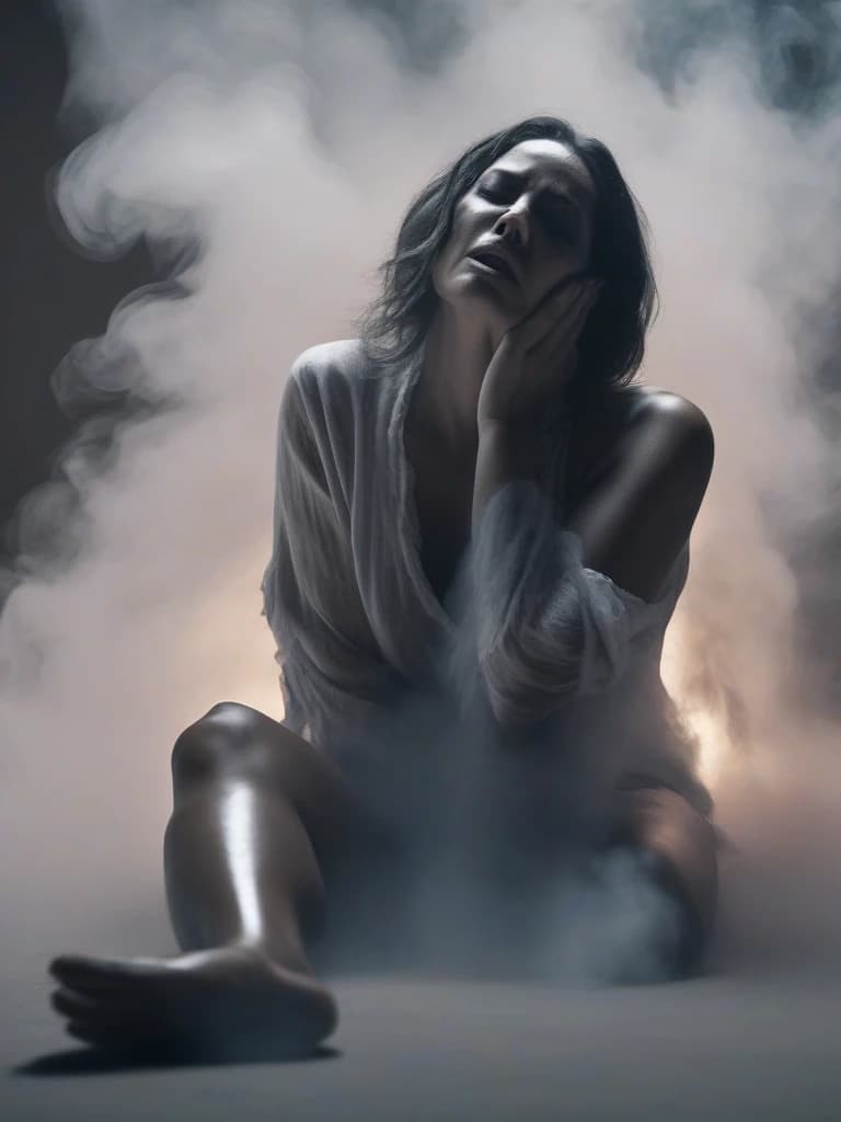 Grey thick smoke in smooth tones depicts a melting figure of a woman against a wall background with smoke streaming down it, holding onto her own self. The woman is kneeling and crying loudly, a dramatic expression on his face. Strong contrast of dramatic colors, 4k, high quality and detail. Flickering light, perfect composition, beautifully detailed intricate insanely detailed octane render trend on artstation, 8 k art photography, photorealistic concept art, soft natural volumetric cinematic perfect light, chiaroscuro, award - winning photograph, masterpiece, oil on canvas, raphael, caravaggio, greg rutkowski, bipple, bexinski, hyger