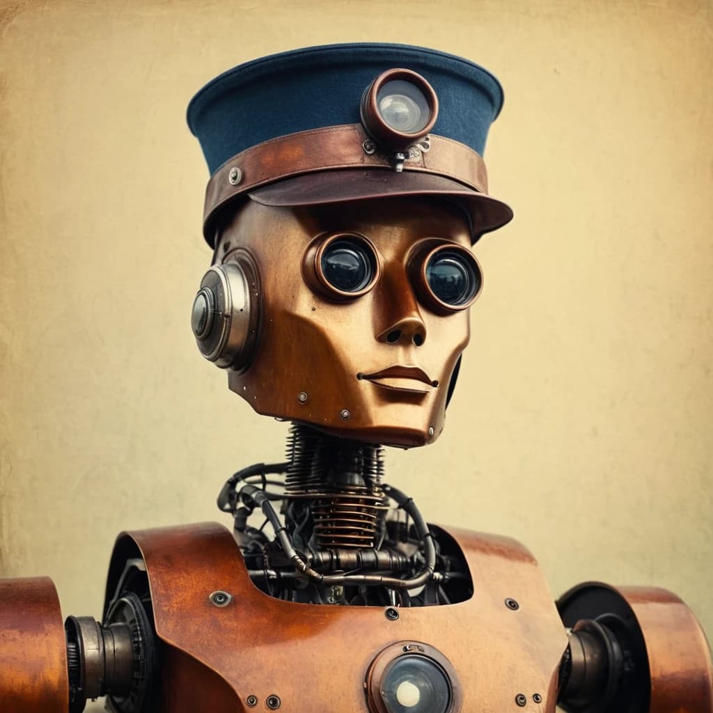 Robot Petrobot from Saint Petersburg with old fashion hat on the head. Sketch style