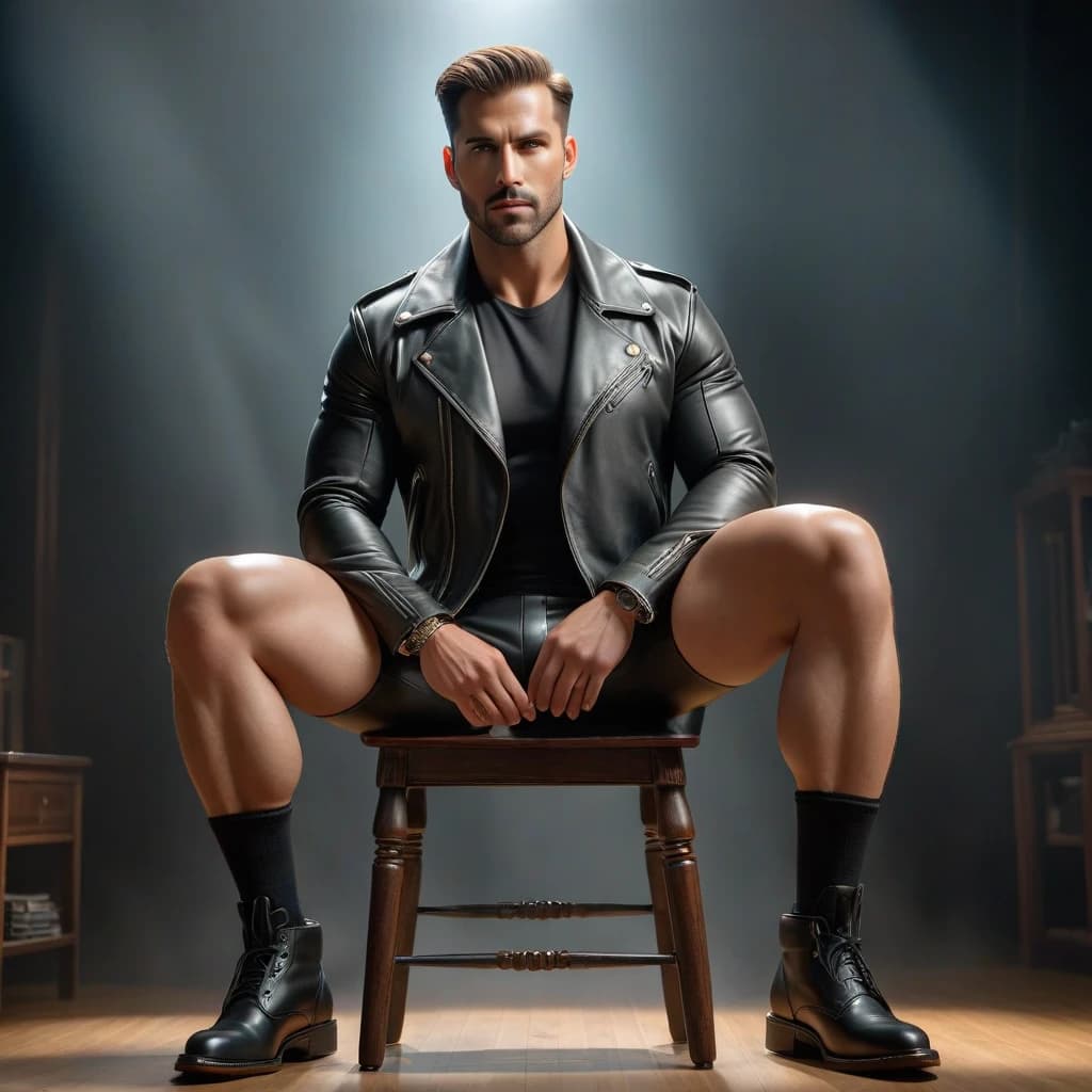 Full length girl, big breasts, black leather short jacket, He is sitting on a chair with his legs apart,transpa under the jacket, tight short shorts