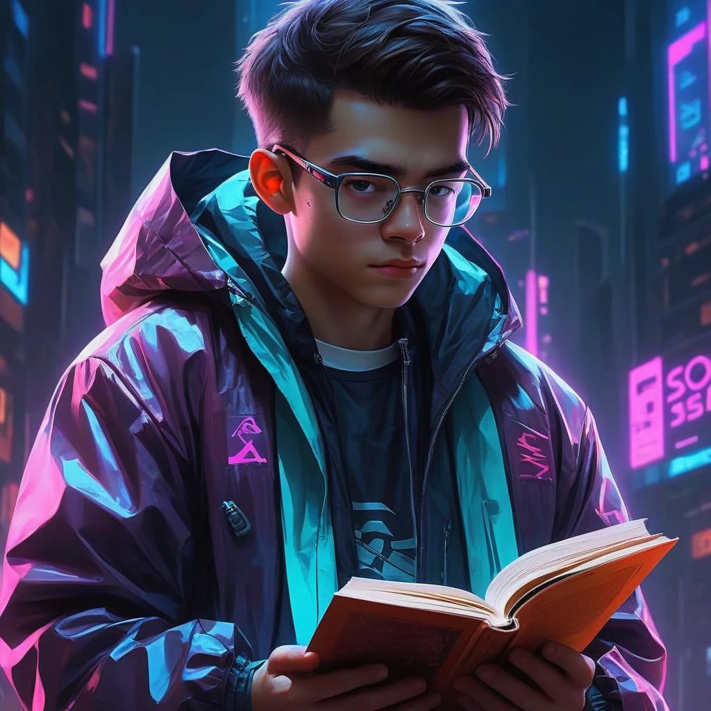 Мальчик в ветровке с книгой в руках. он в очках и смотрит в книгу. на книге написано SQL