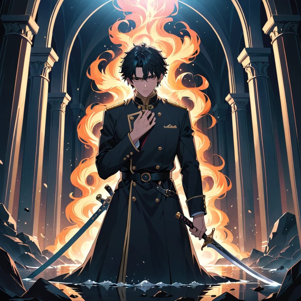 anime character guy, a dark aura envelops him, it flows upward, he is sad in his hand holding a sword and behind him is the devastation after the battle, kneeling very angry