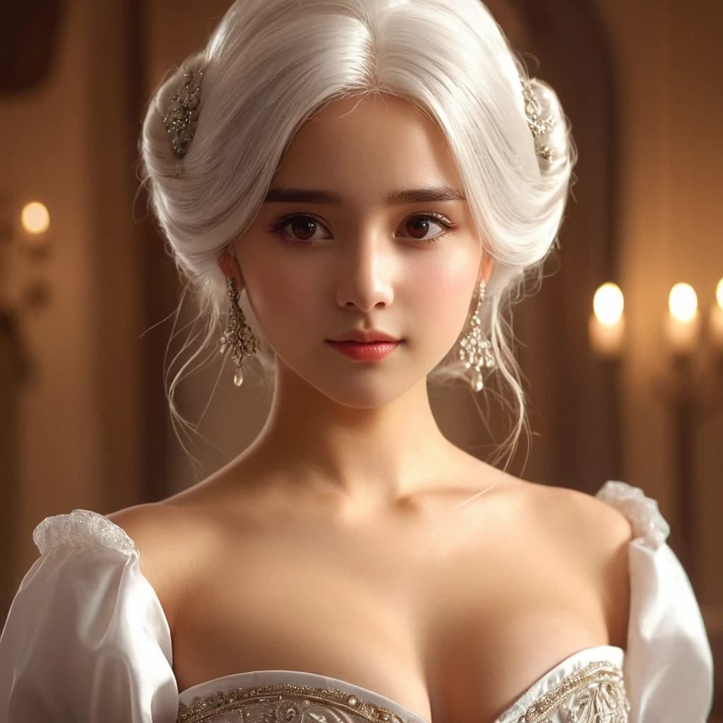 girl white hair brown eyes long ball gown  anime