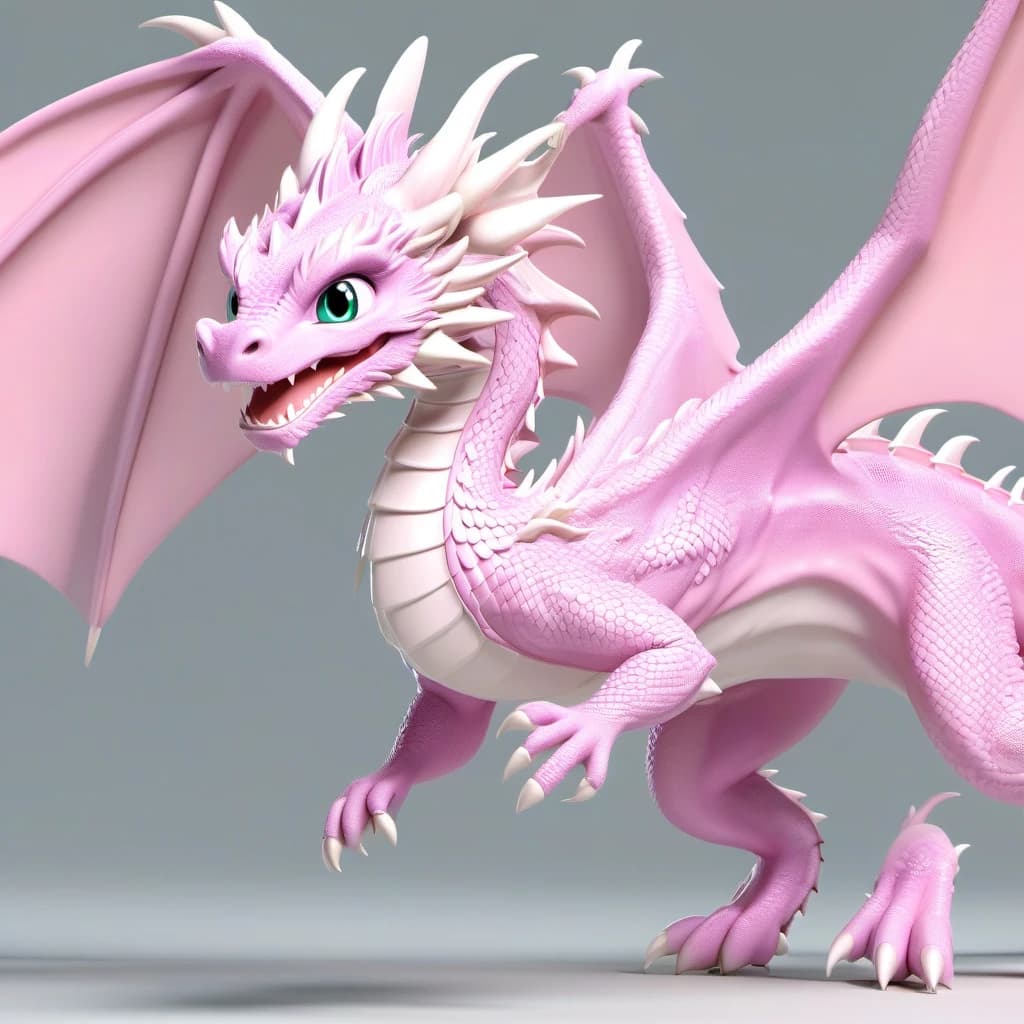 Full-length 3D dragon child, pale pink dragon, pastel-colored picture, kind Disney-style dragon, dragon illumination from all sides, the dragon is turned to the viewer, the dragon looks into the camera, painted scales on the dragon's skin, funny facial expressions, minimalism, direct soft light.