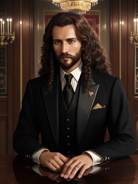 (Portrait of the one man, thirty years old)+++, (dynamic)+++, (looking down to the floor)+++, (long loosy brown curly hairs)+++, (brown rageous eyes)+++, (detailed unpleasured face)+++, (disobedient sight)+++, (worn-out black suit in 1900's russian style)+++, (working cabinet in the emperor's palace in 1900's russian style)+, 4k quality, ultra details.