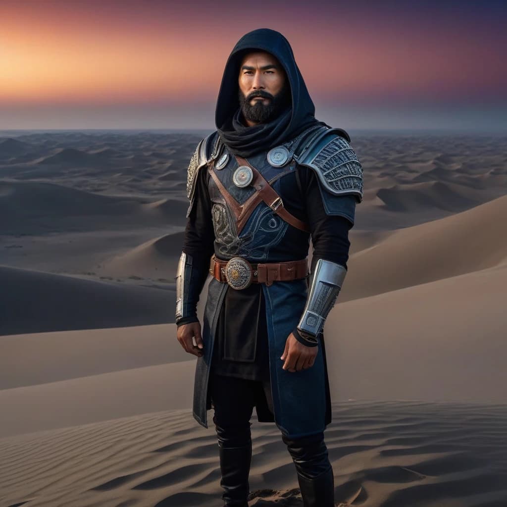 A Kyrgyz hero in national armored clothing stands on top of a dune during sunrise. Male hero, 30-35 years old. Black hair with a beard, courageous and self-confident. There is a large hood on the head. The hero is of Kyrgyz nationality. The hero’s clothes have Kyrgyz national patterns. The hero looks at us intently.
