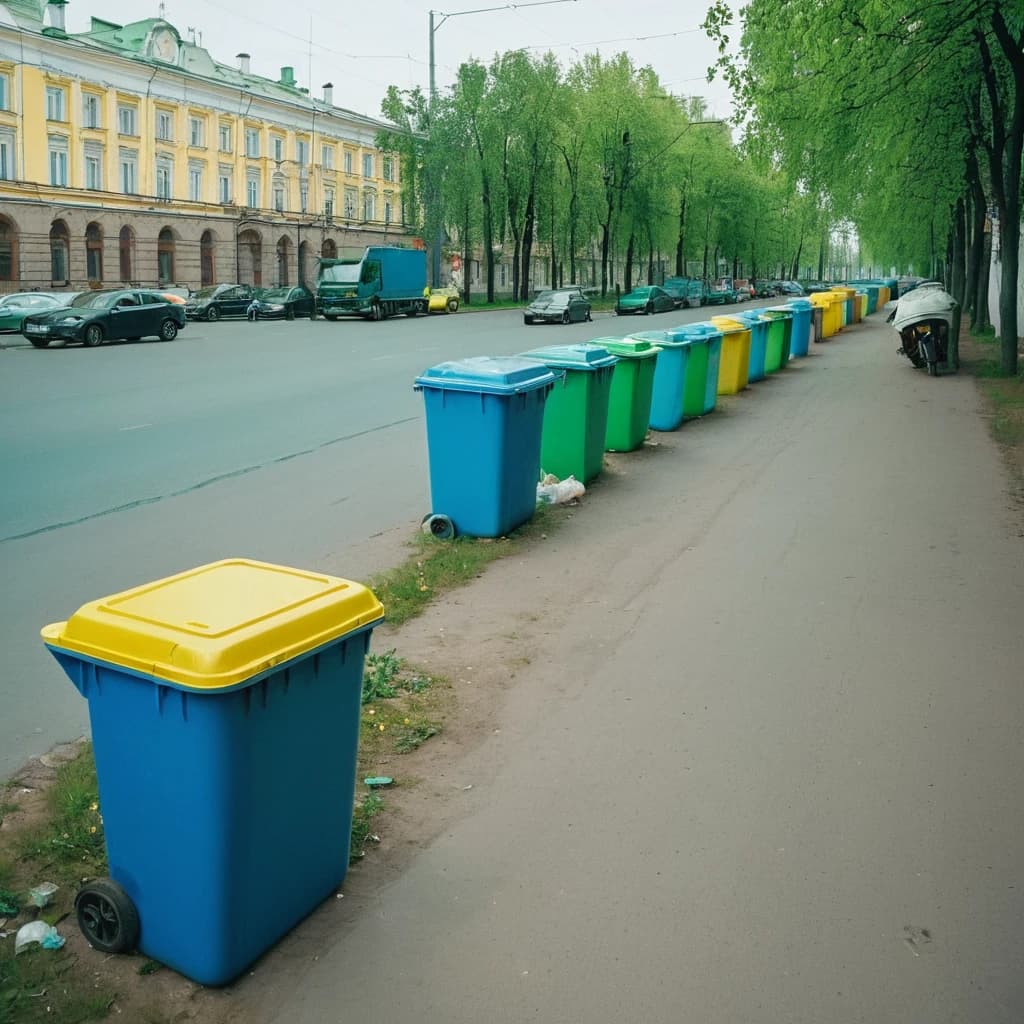 На светлой чистой улице российского города установлены мусорные пластиковые контейнеры желтого, синего и зеленого цвета для раздельного сбора мусора