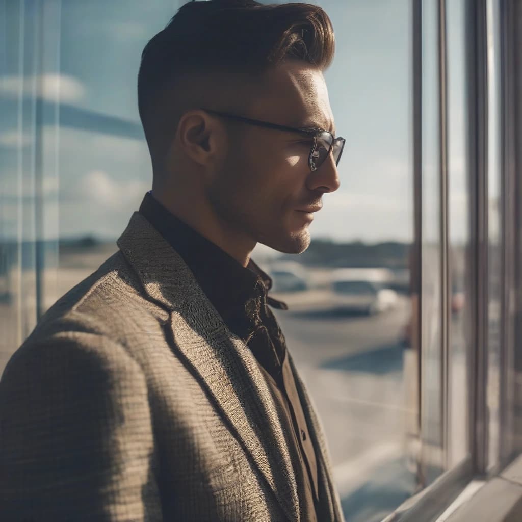 A man with a fashionable haircut on a square window, a sunny sky in the window