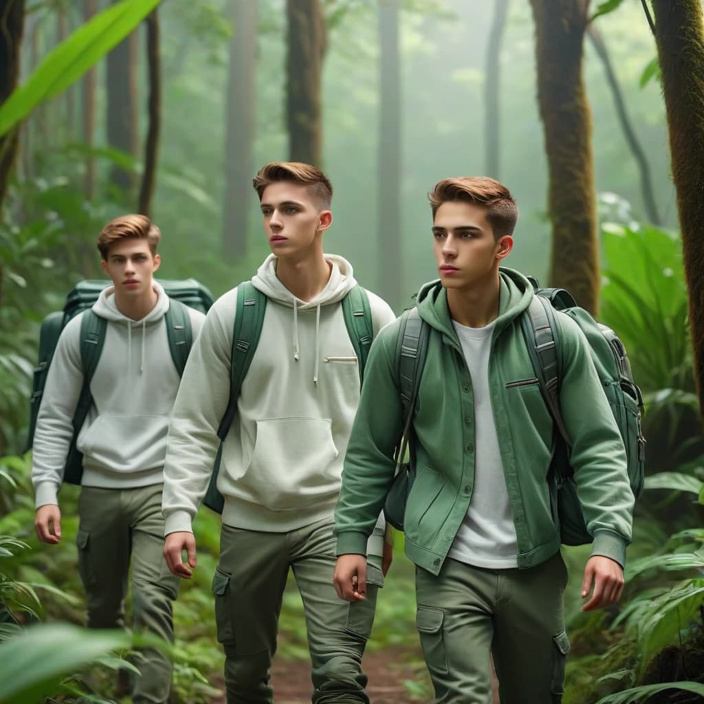 Группа  подростков белой расы. Группа идёт  цепочкой.  Вид сбоку. 6 человек, мужского пола, возрастом все 12 лет. В грубой одежде серо-зелёного цвета. за плечами -поклажа. Идут через джунгли.
