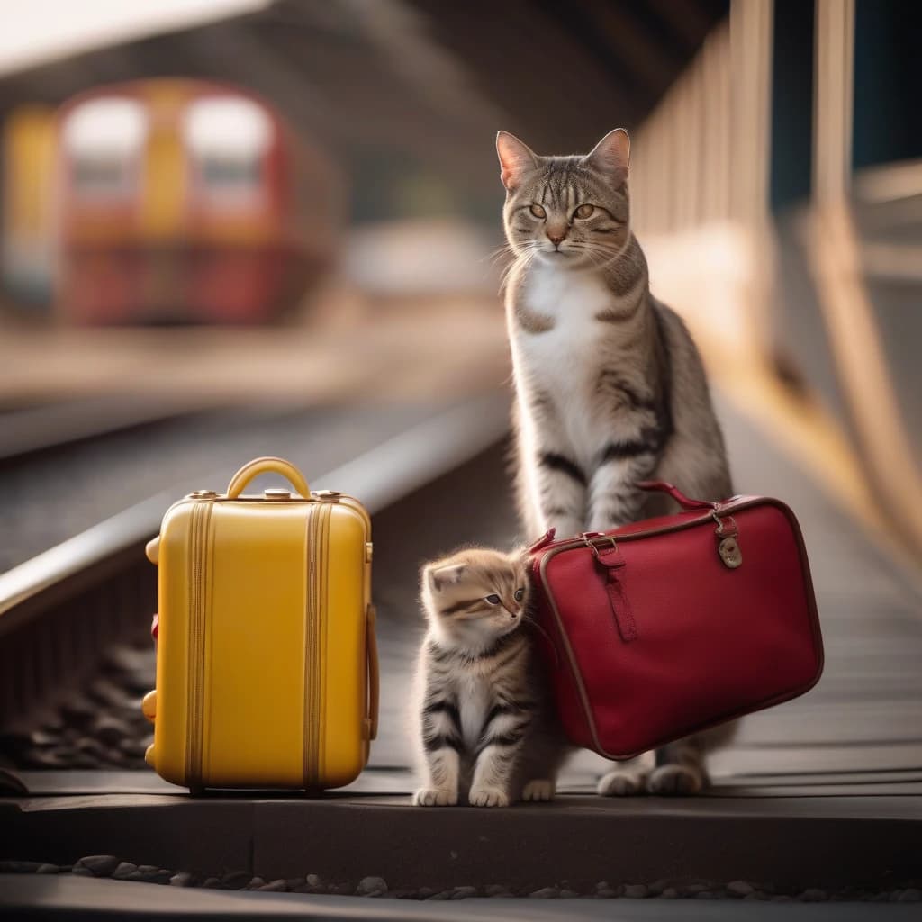 a cat and a kitten stand on two legs, a cat holds a red little bag, stands on a railway station, a kitten stands next to the cat, he put his paw on a yellow suitcase, the suitcase is on the floor