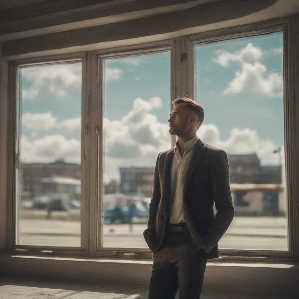 A man with a fashionable haircut on a square window, a sunny sky in the window