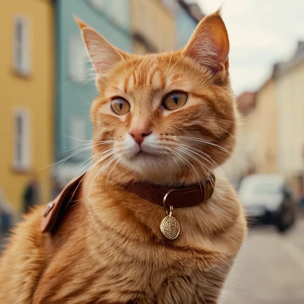 Рыжий кот с маленьким коричневым мешочком на шее под ртом кота, смотрит в даль города