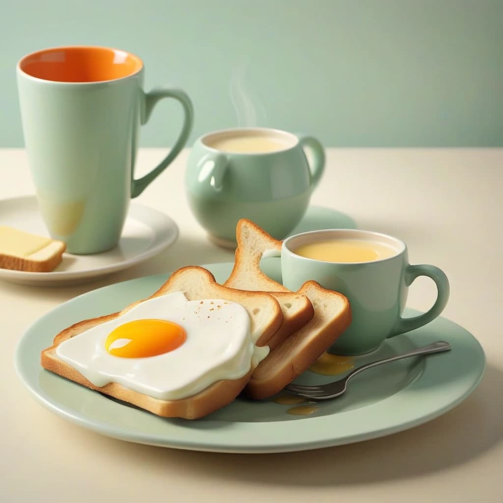 Studio photograph of a minimalist retro cats breakfast scene, soft morning light streaming in from the left, vintage 1960s diner-style ceramic coffee cup with steam rising, perfectly crispy toast on a mint green melamine plate, pat of butter slowly melting, sunny side up egg with vibrant orange yolk, detailed food photography, shallow depth of field, pastel color palette, clean composition, high-end product photography style, diffused lighting, matte finish, hyperrealistic details