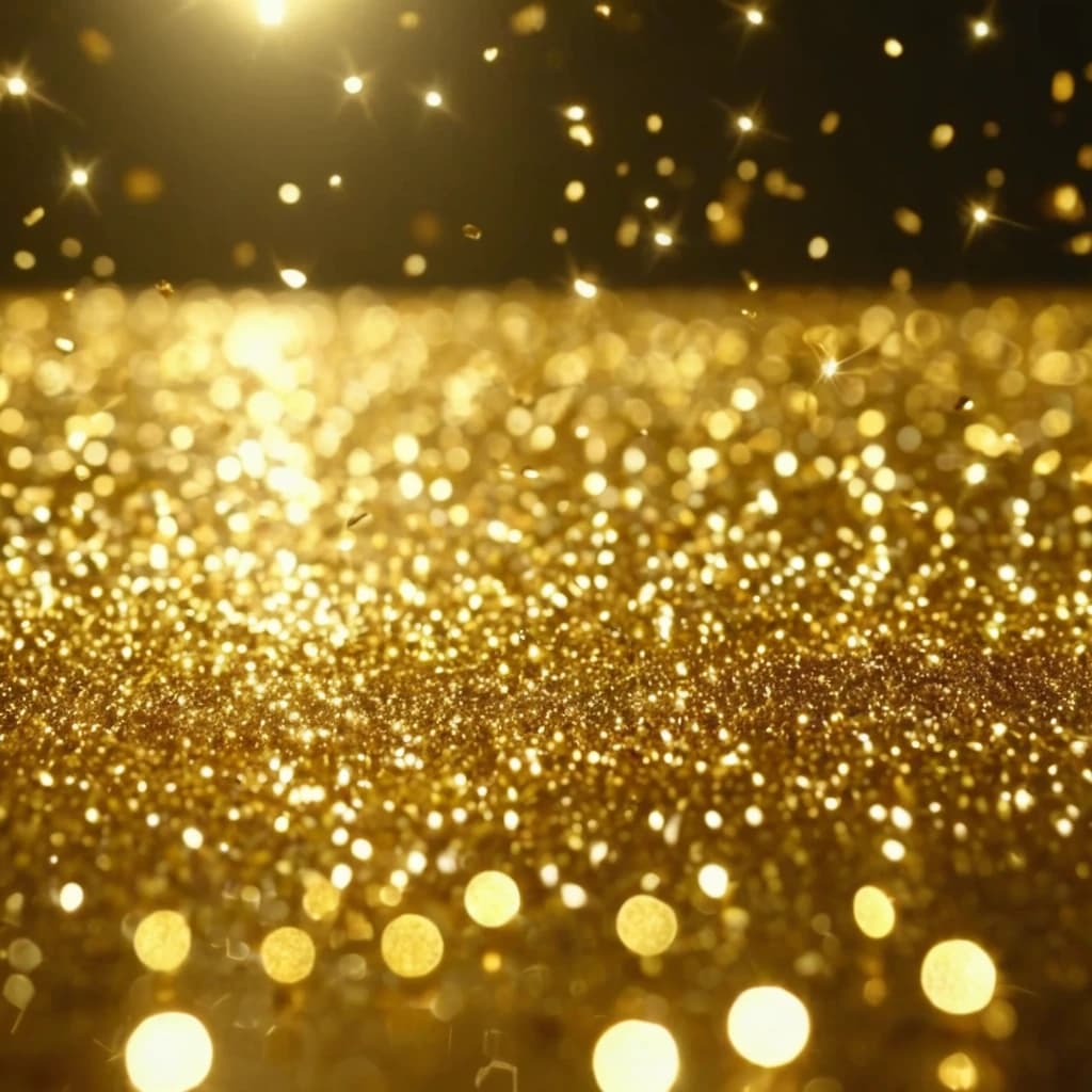 huge amount of small gold glitter falling on reflective surface in big room, realistic, 4k