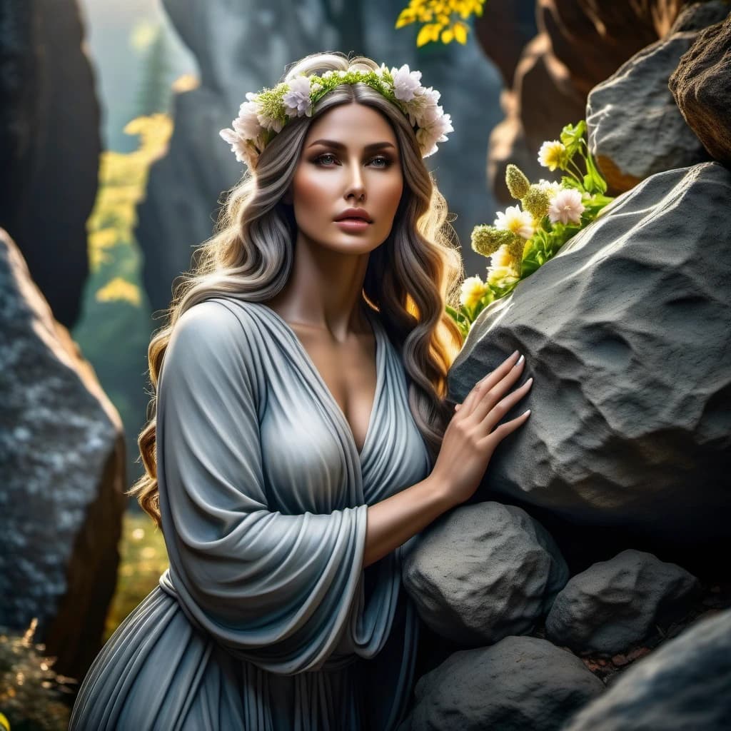 beautiful gray statue of a girl immured in a huge rock face, her hands are attached to the rock, the girl stands tall, she is wrapped in roots and flowers, she is dressed in light clothes, the statue