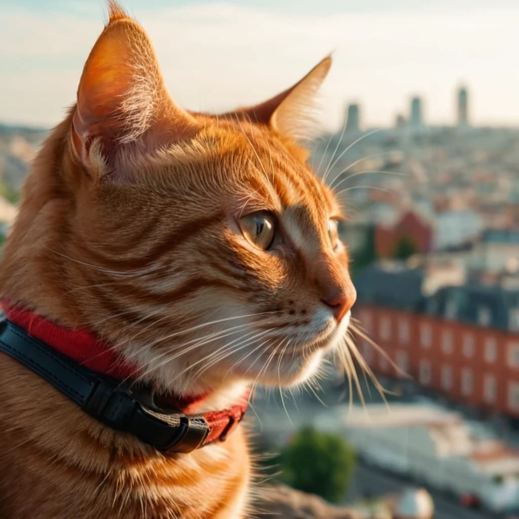 Рыжий кот с маленьким коричневым мешочком на шее смотрит в даль города