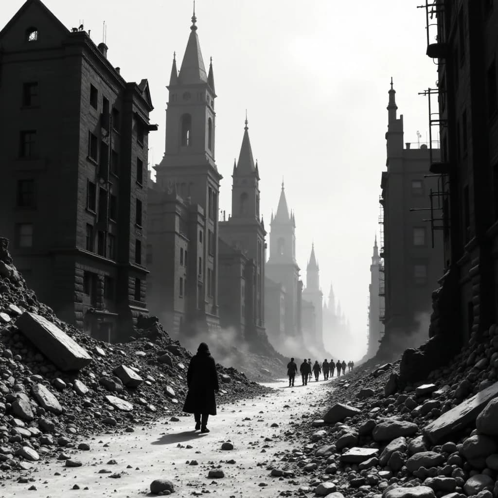 .USSR town. ruined futuristic buildings. black grey tones. Simon Stålenhag, wayne barlowe, john berkey illustration style. fine art. grimdark, postapocalypse style. sci-fi. monochrome.