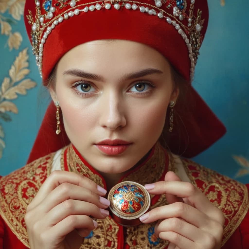 Нарисуй русскую девушку в русском национальном костюме с капсулой в руке