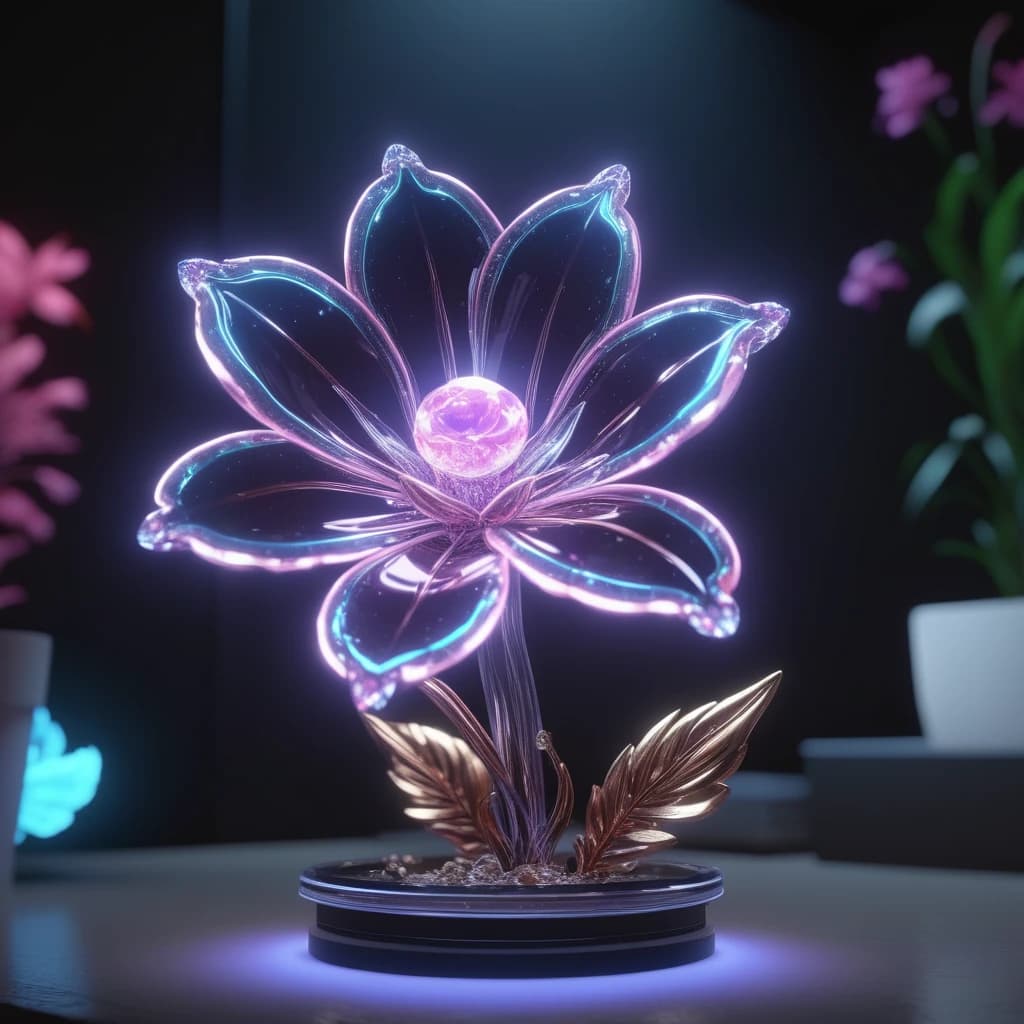 (masterpiece, Unreal Engine 5 HDR realism:1.4), neon glowing glass and crystal quantum flower, (RAL-CRZTLGLS:1.3), (ultra-realistic rendering:1.2), medium-distance view showcasing intricate details, (extremely high detailed:1.2), digital illustration, 64 megapixels, UHD 32k resolution, mesmerizing play of light and color, reflective surfaces, futuristic and ethereal atmosphere, radiant glow casting dynamic shadows, vibrant hues, crystal clear clarity, dazzling visual effects, surreal and captivating composition.