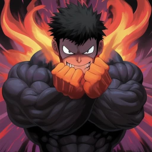 a close up of a person with an evil look on their face, anime wallpaper, showing off his muscles, gradient black to purple, boku no hero academia style, fiery aura, character is covered in liquid, dark cavern, one fist raised high in triumph, morph, exploitable image, heroic human proportions, shredded, trending top art, light academia aesthetic