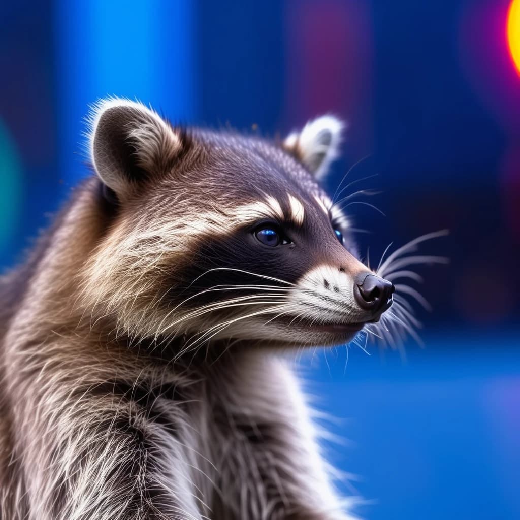 Raccoon looks away, blue rays on neon background, in the rain
