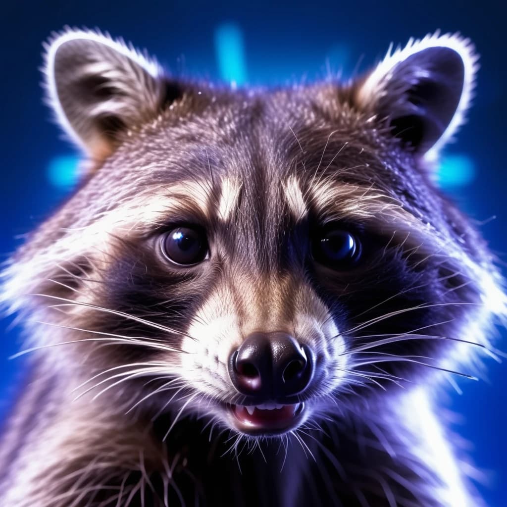 Raccoon, blue rays on neon background