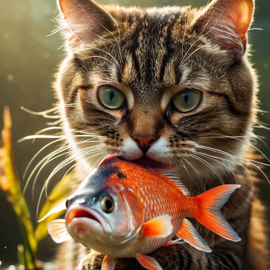 The cat holds the fish with his teeth