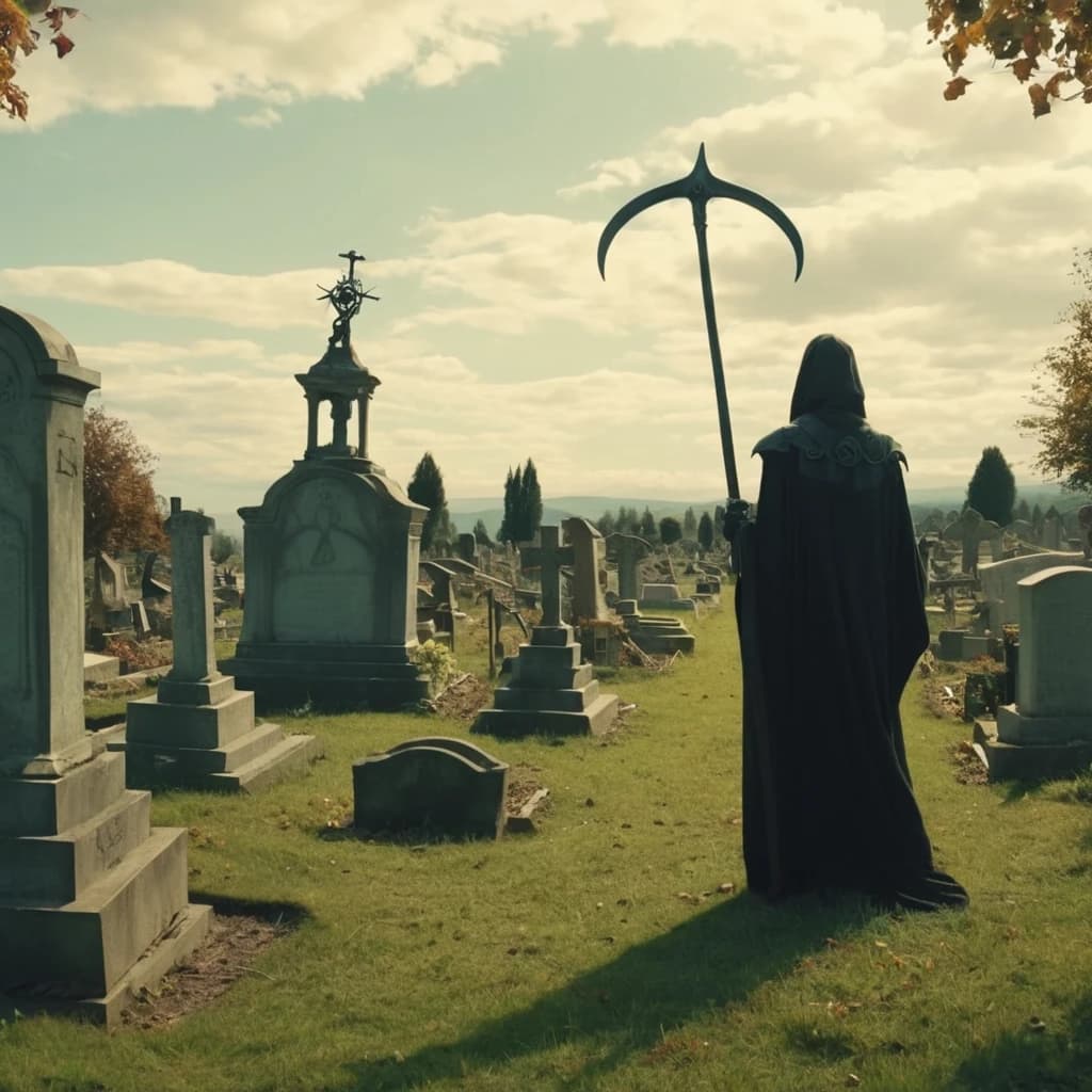 смерть с косой на кладбище , татуировка эскиз  Tim Burton мультяшный стиль