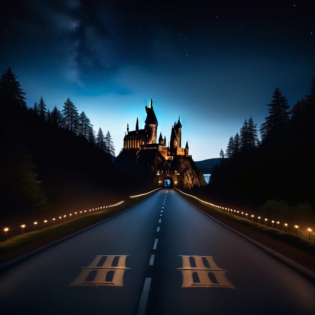 Замок Hogwarts, по средине, с левой стороны от замка дорога прямая осфальтированная с  древними фонорями, справа лес и озеро, в темное время суток, и небо со звездами в виде символа темного лорда