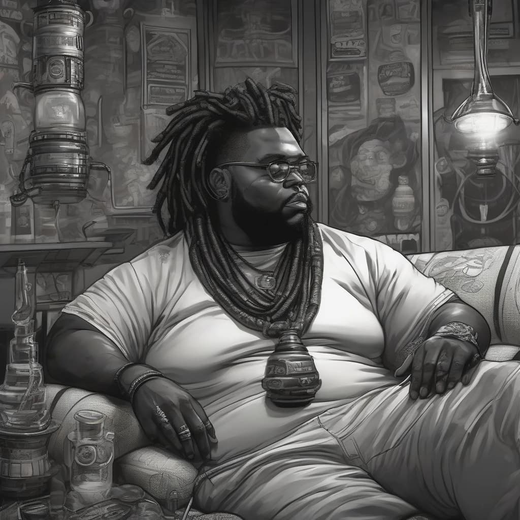 fat black man lounging on pillows in a hookah bar and smoking a hookah, cyberpunk street theme, blurry look, (((masterpiece))), ((best quality)), ((intricate detailed)), ((Hyperrealistic)), black skin, highly detailed, illustration,  detailed fingers, beautiful detailed eyes, detailed face, handsome man face, black dreadlocks,  (cyberpunk:1.2), detailed background, hookah bar background, neon lights, lens flare, menacing look, looking at the viewer